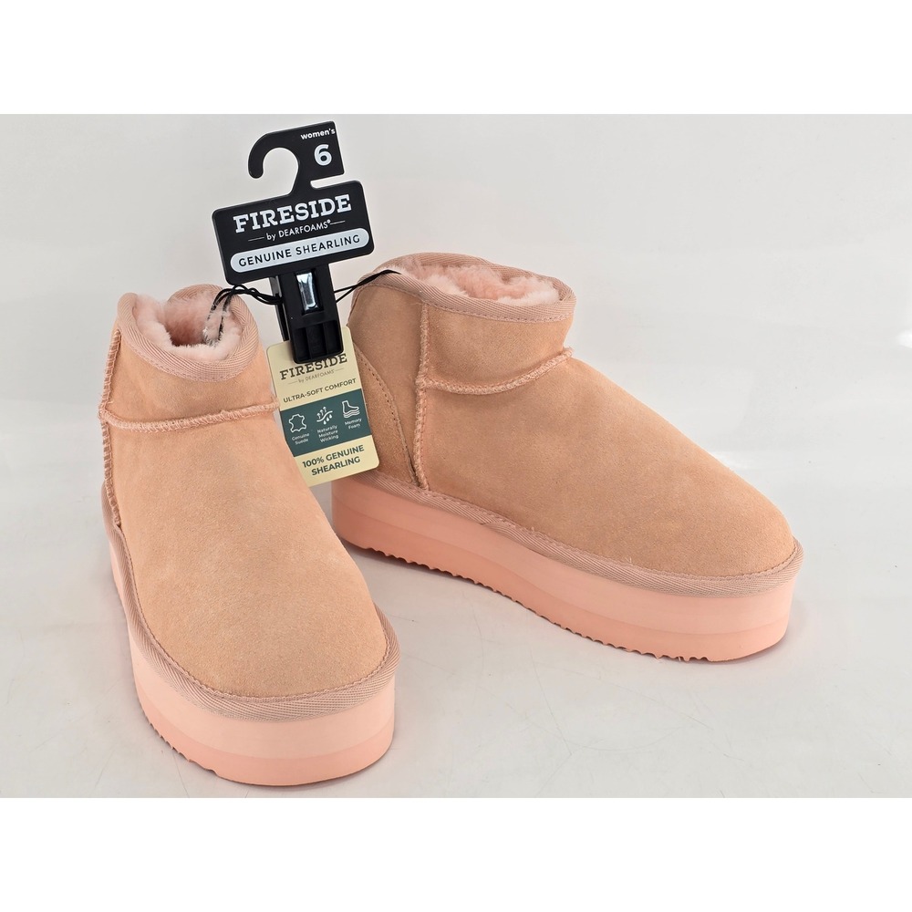 Fireside by Dearfoams Suede Platform Mini Boots Women Size 6 Peach Dust - New